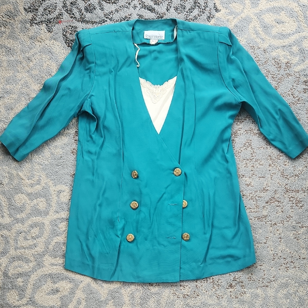 Vintage Sheri Martin Teal Double-Breasted Blazer Teal 14